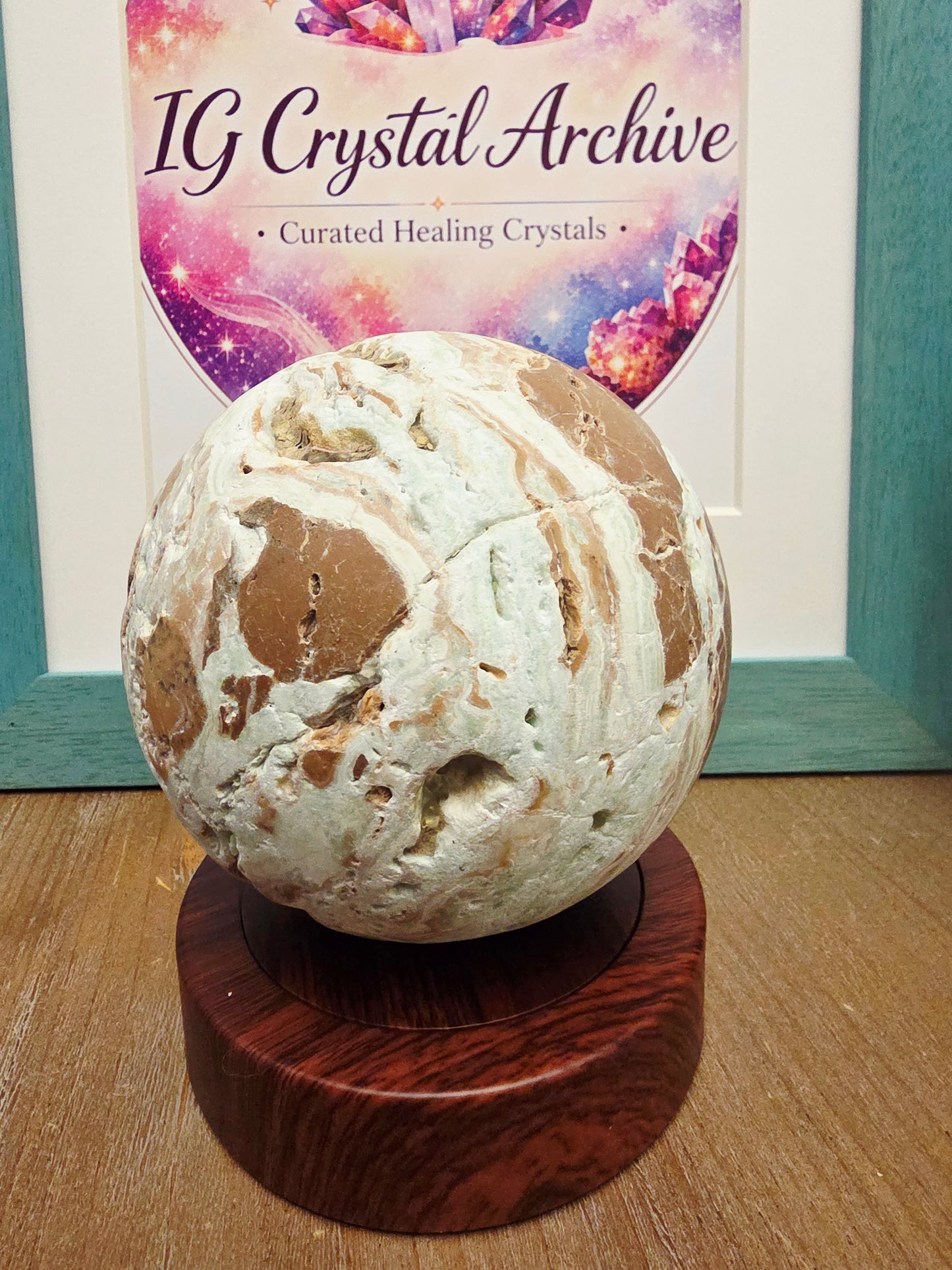 Large Natural Crystal Sphere | Mint Green & Caramel Matrix Stone | Druzy Cavities | 3.75” Statement Crystal | One of a Kind