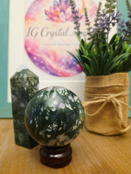 Moss Agate Sphere | Dark Green Crystal Ball | Natural Moss Agate Crystal | Forest Green Stone Sphere | Crystal Collector Gift