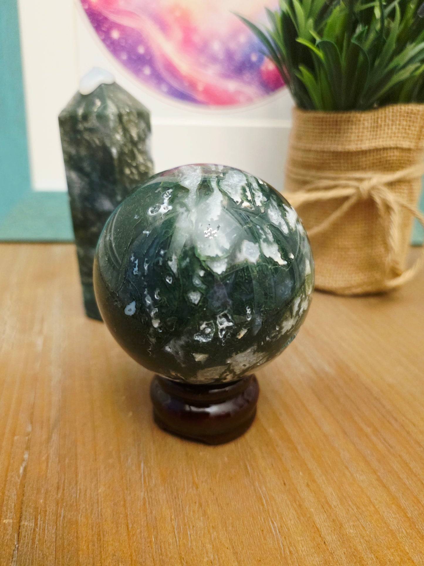 Moss Agate Sphere | Dark Green Crystal Ball | Natural Moss Agate Crystal | Forest Green Stone Sphere | Crystal Collector Gift
