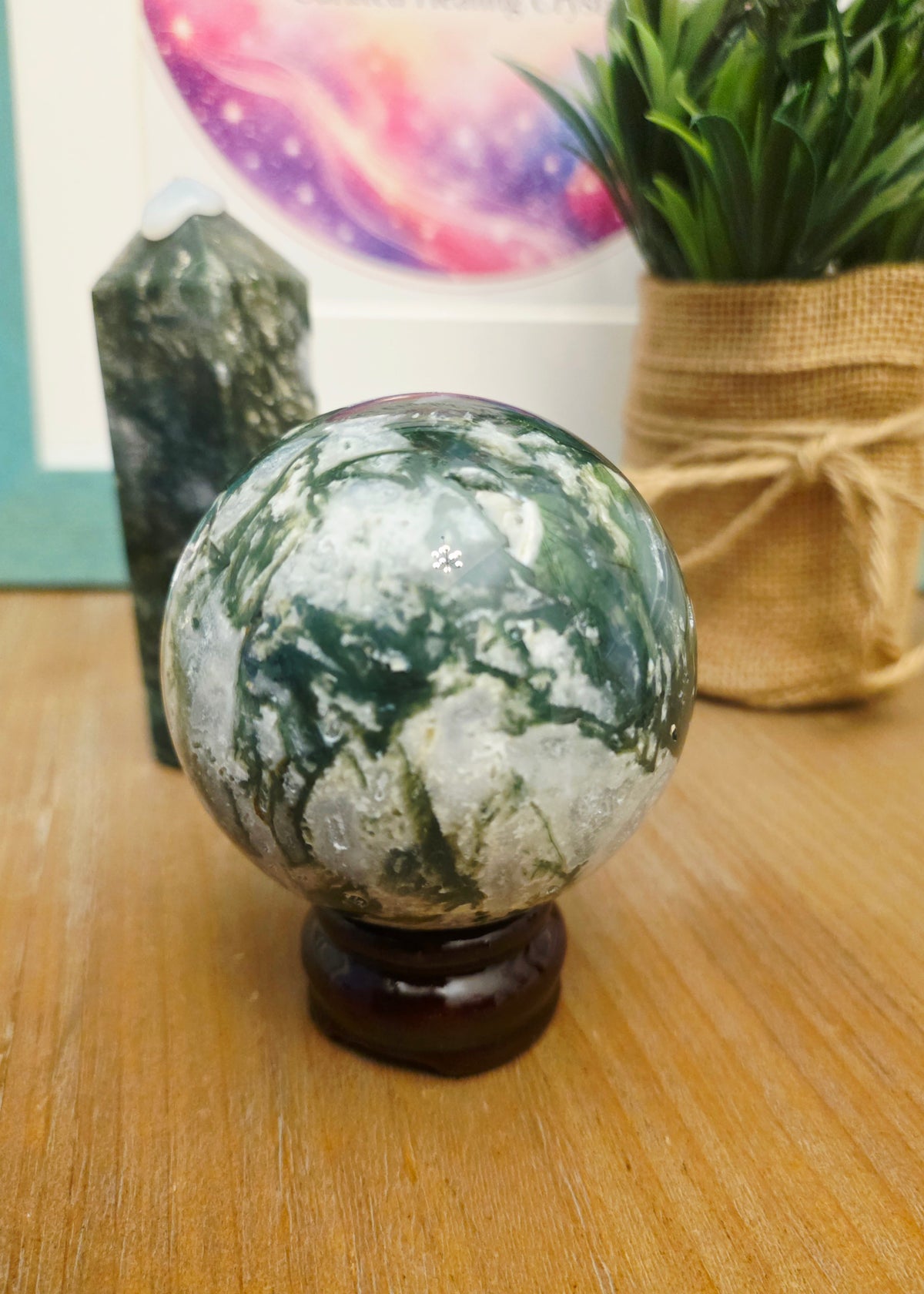 Moss Agate Sphere | Dark Green Crystal Ball | Natural Moss Agate Crystal | Forest Green Stone Sphere | Crystal Collector Gift