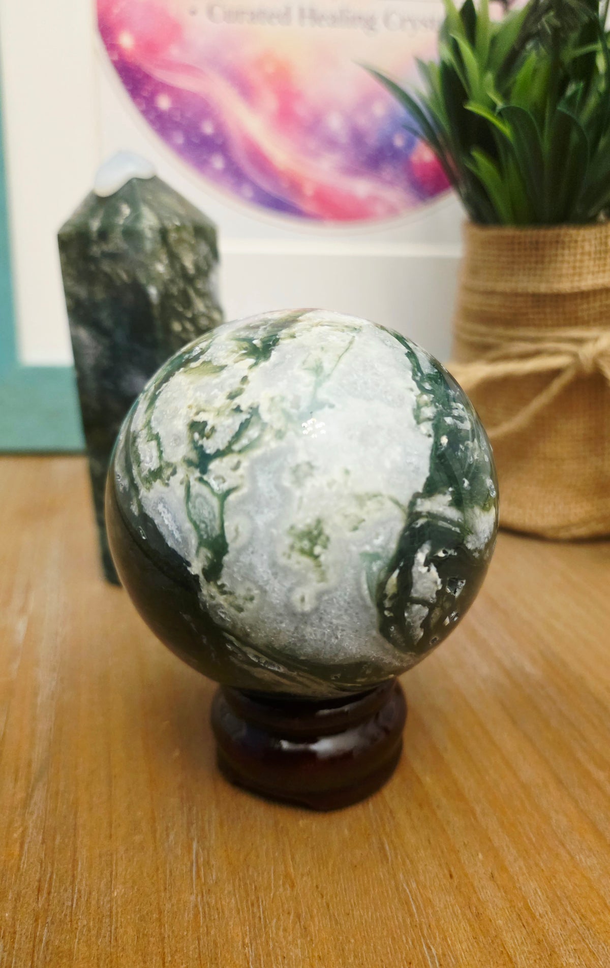 Moss Agate Sphere | Dark Green Crystal Ball | Natural Moss Agate Crystal | Forest Green Stone Sphere | Crystal Collector Gift