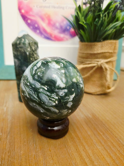 Moss Agate Sphere | Dark Green Crystal Ball | Natural Moss Agate Crystal | Forest Green Stone Sphere | Crystal Collector Gift