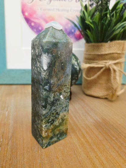 Moss Agate Tower | Large Green Crystal Point | Natural Moss Agate Obelisk | Forest Crystal Tower | Grounding Crystal Decor
