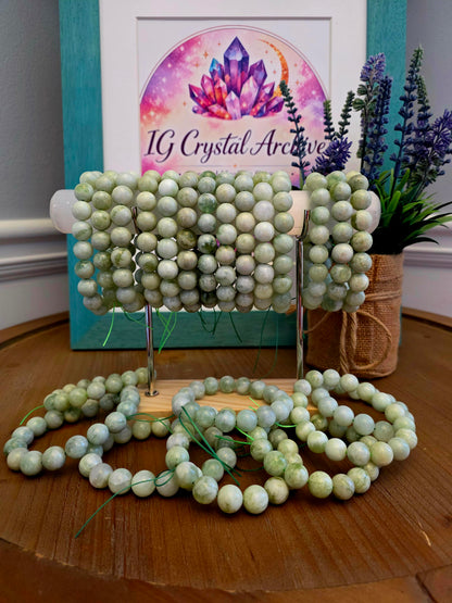 Green Jade Gemstone Bracelet | Natural Stone Beaded Stretch Bracelet | Pale Green Crystal Jewelry | Unisex Crystal Bracelet