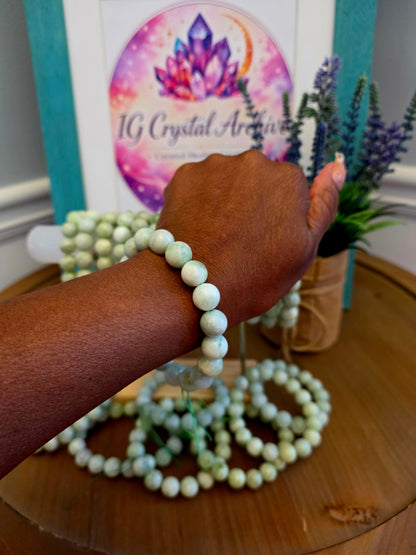 Green Jade Gemstone Bracelet | Natural Stone Beaded Stretch Bracelet | Pale Green Crystal Jewelry | Unisex Crystal Bracelet