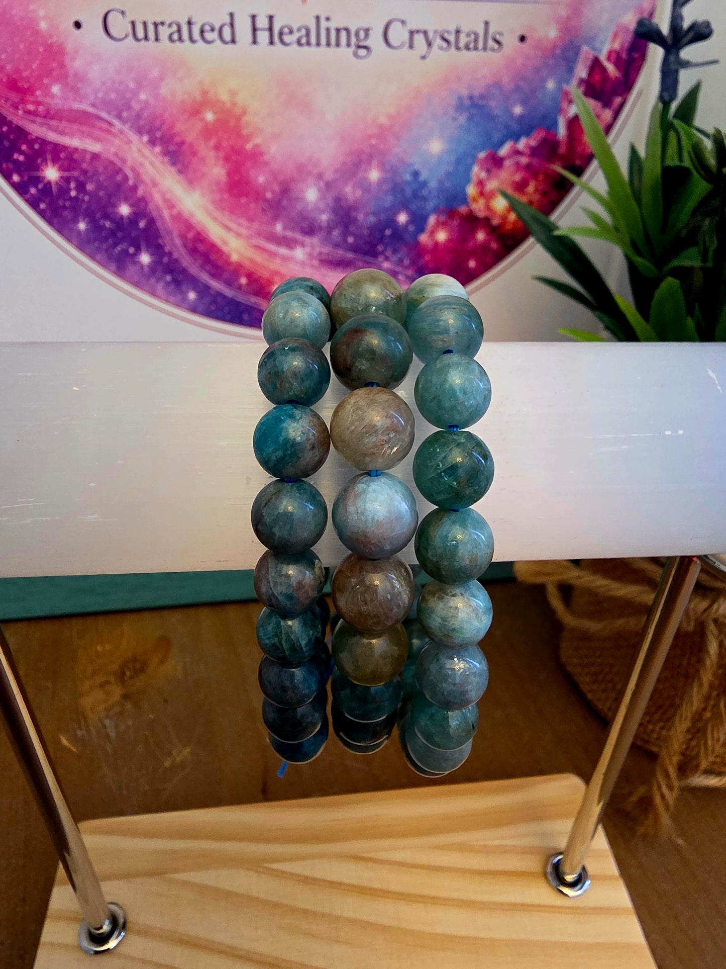 Natural Blue Apatite Bracelet | Blue Green Gemstone Beaded Bracelet | Teal Crystal Jewelry | Polished Stone Bracelet