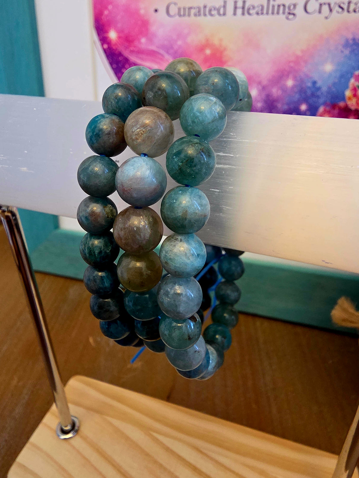 Natural Blue Apatite Bracelet | Blue Green Gemstone Beaded Bracelet | Teal Crystal Jewelry | Polished Stone Bracelet