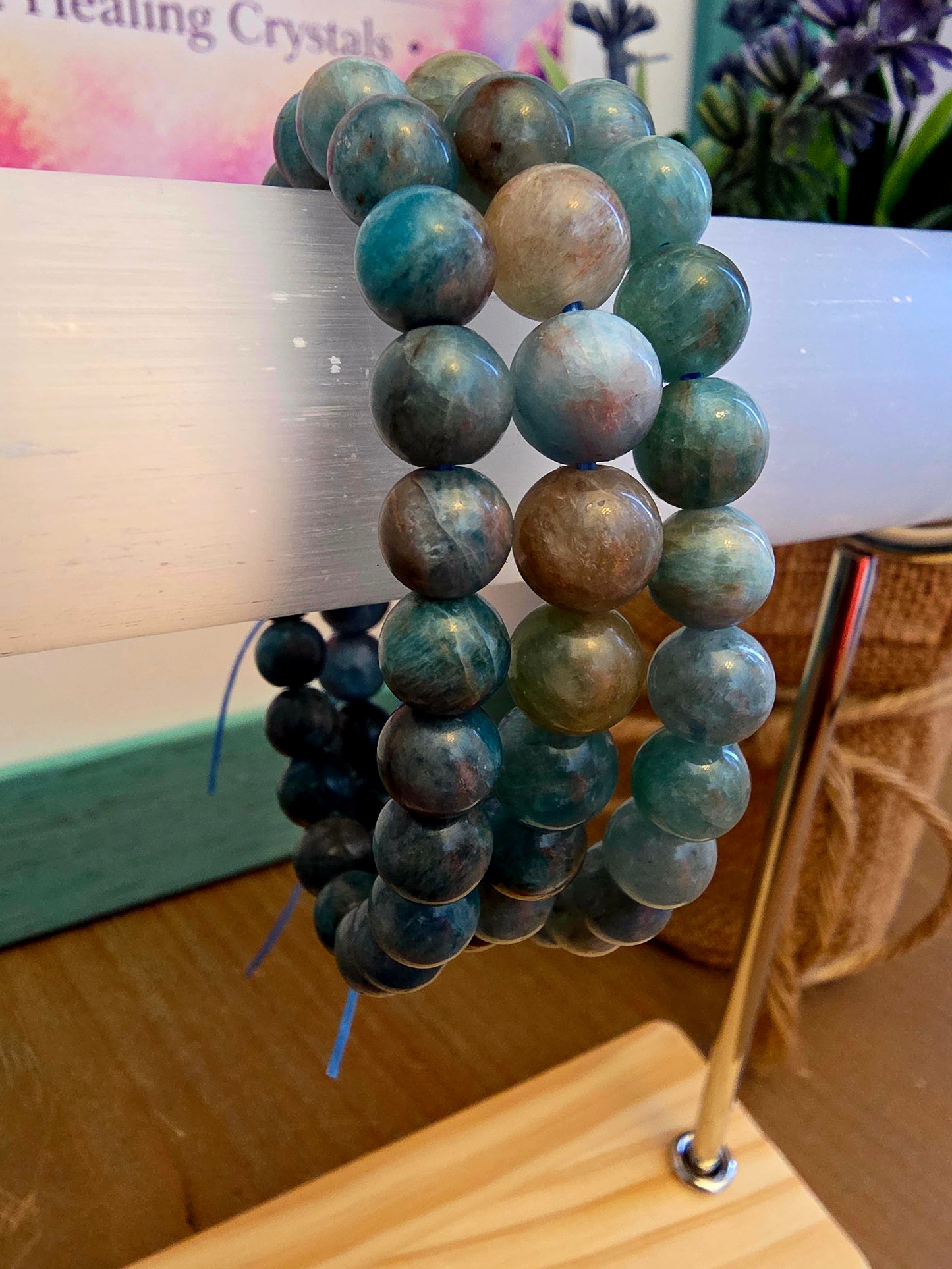 Natural Blue Apatite Bracelet | Blue Green Gemstone Beaded Bracelet | Teal Crystal Jewelry | Polished Stone Bracelet