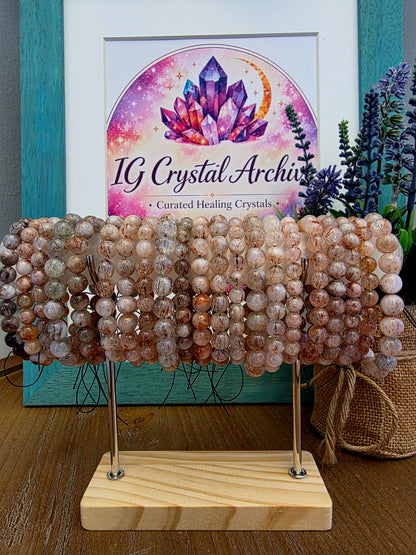 Natural Included Quartz Bracelet | Red & Copper Inclusion Quartz | Clear Gemstone Beaded Bracelet | Natural Stone Jewelry