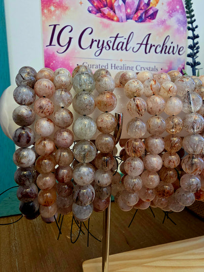Natural Included Quartz Bracelet | Red & Copper Inclusion Quartz | Clear Gemstone Beaded Bracelet | Natural Stone Jewelry