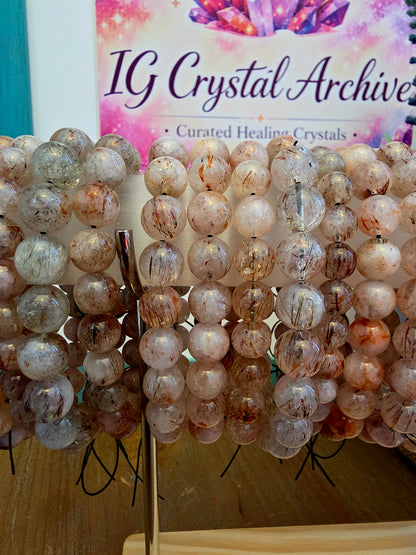 Natural Included Quartz Bracelet | Red & Copper Inclusion Quartz | Clear Gemstone Beaded Bracelet | Natural Stone Jewelry