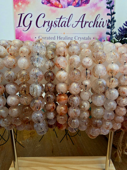 Natural Included Quartz Bracelet | Red & Copper Inclusion Quartz | Clear Gemstone Beaded Bracelet | Natural Stone Jewelry