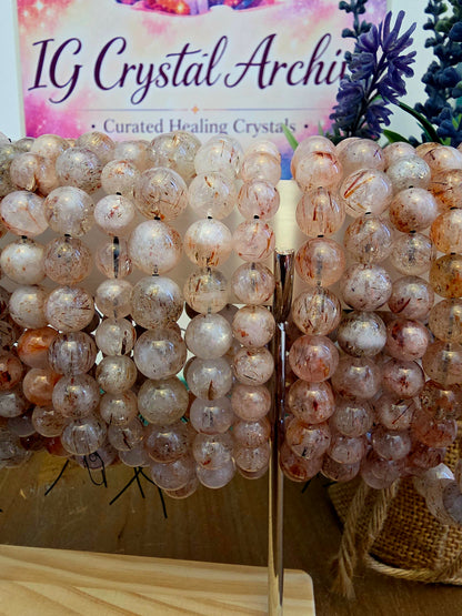 Natural Included Quartz Bracelet | Red & Copper Inclusion Quartz | Clear Gemstone Beaded Bracelet | Natural Stone Jewelry