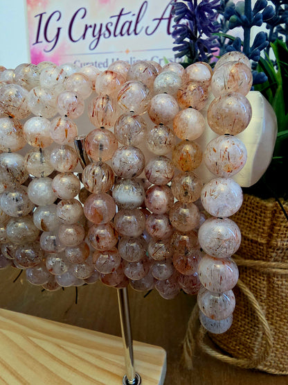 Natural Included Quartz Bracelet | Red & Copper Inclusion Quartz | Clear Gemstone Beaded Bracelet | Natural Stone Jewelry