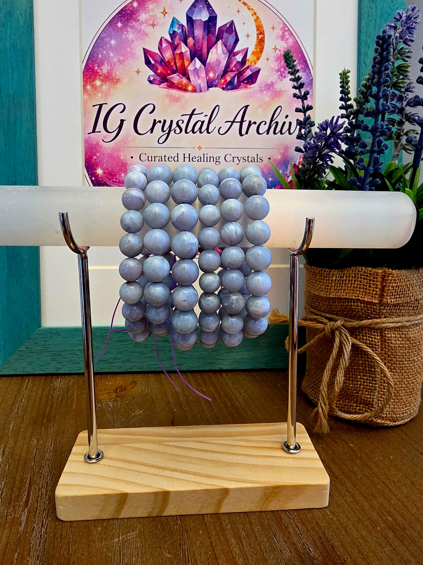 Natural Blue Lavender Crystal Beaded Bracelet | Polished Gemstone Stretch Bracelet | Blue Gray Stone Jewelry | IG Crystal Archive