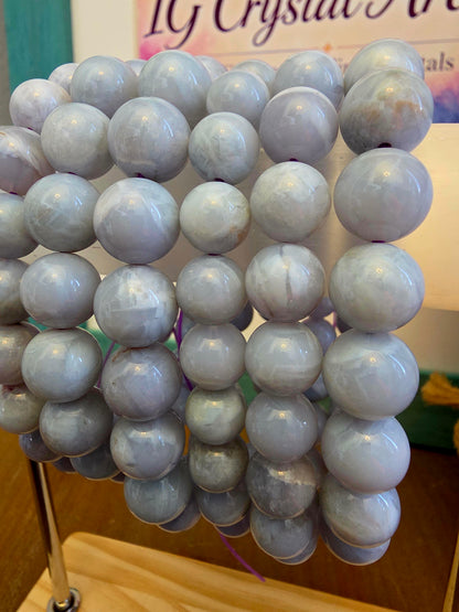 Natural Blue Lavender Crystal Beaded Bracelet | Polished Gemstone Stretch Bracelet | Blue Gray Stone Jewelry | IG Crystal Archive