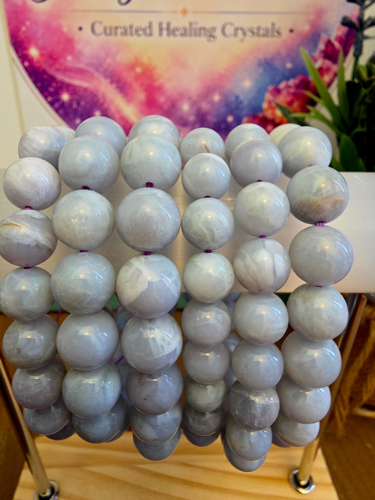 Natural Blue Lavender Crystal Beaded Bracelet | Polished Gemstone Stretch Bracelet | Blue Gray Stone Jewelry | IG Crystal Archive