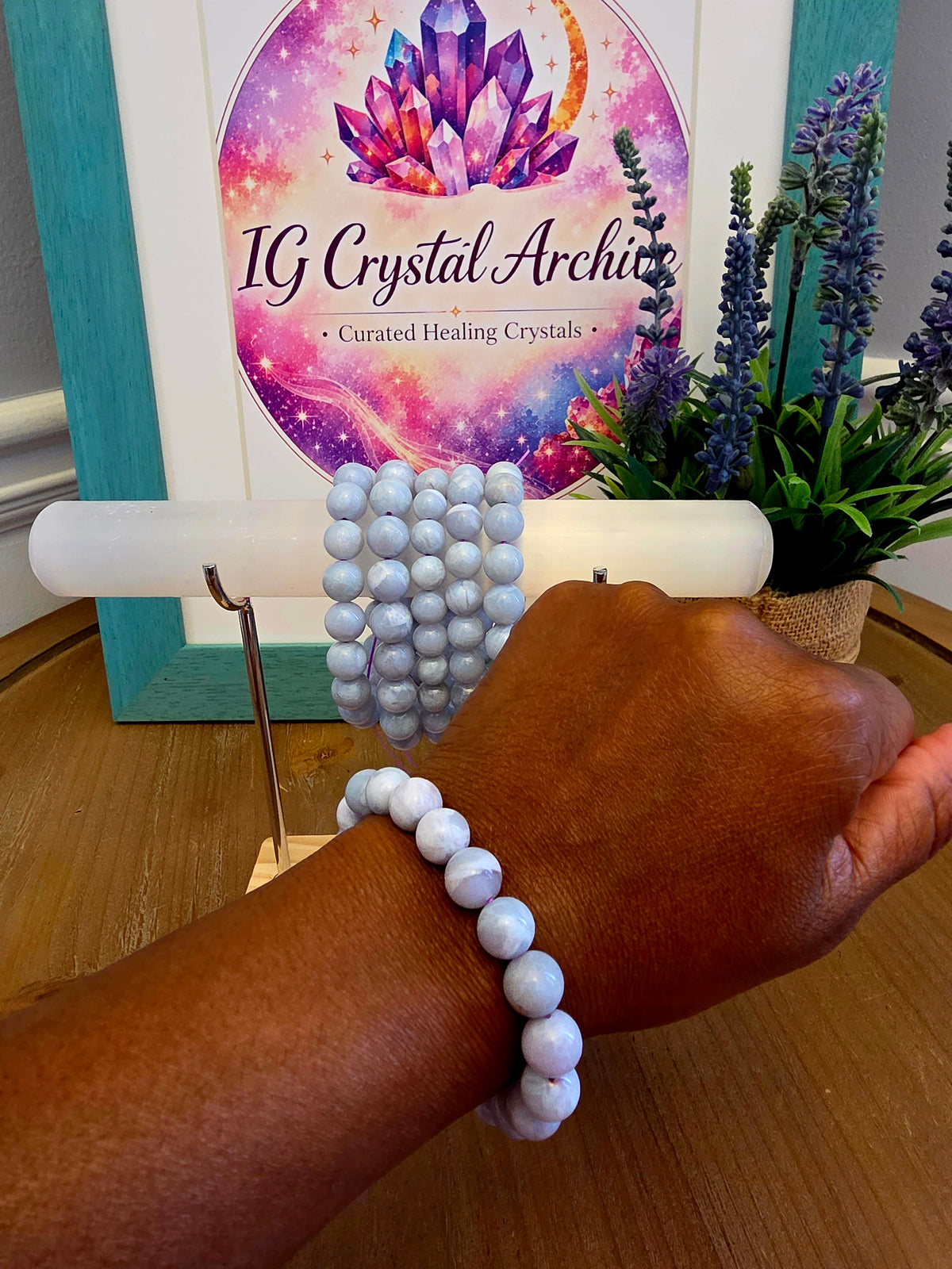 Natural Blue Lavender Crystal Beaded Bracelet | Polished Gemstone Stretch Bracelet | Blue Gray Stone Jewelry | IG Crystal Archive