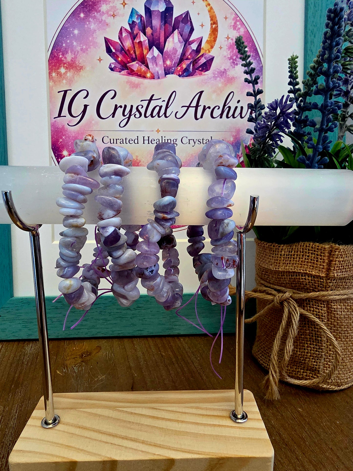 Lavender Crystal Chip Bracelet | Purple & White Natural Stone Stretch Bracelet | Polished Gemstone Jewelry | IG Crystal Archive