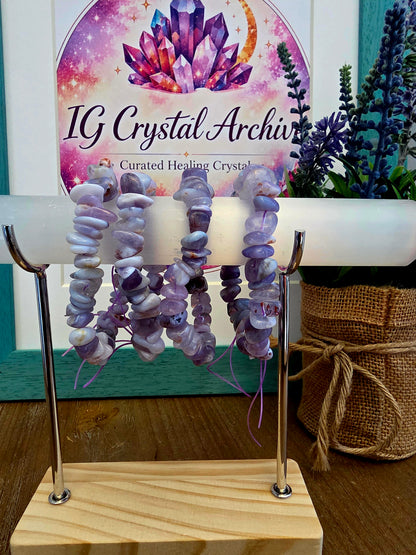 Lavender Crystal Chip Bracelet | Purple & White Natural Stone Stretch Bracelet | Polished Gemstone Jewelry | IG Crystal Archive