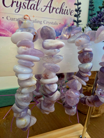 Lavender Crystal Chip Bracelet | Purple & White Natural Stone Stretch Bracelet | Polished Gemstone Jewelry | IG Crystal Archive