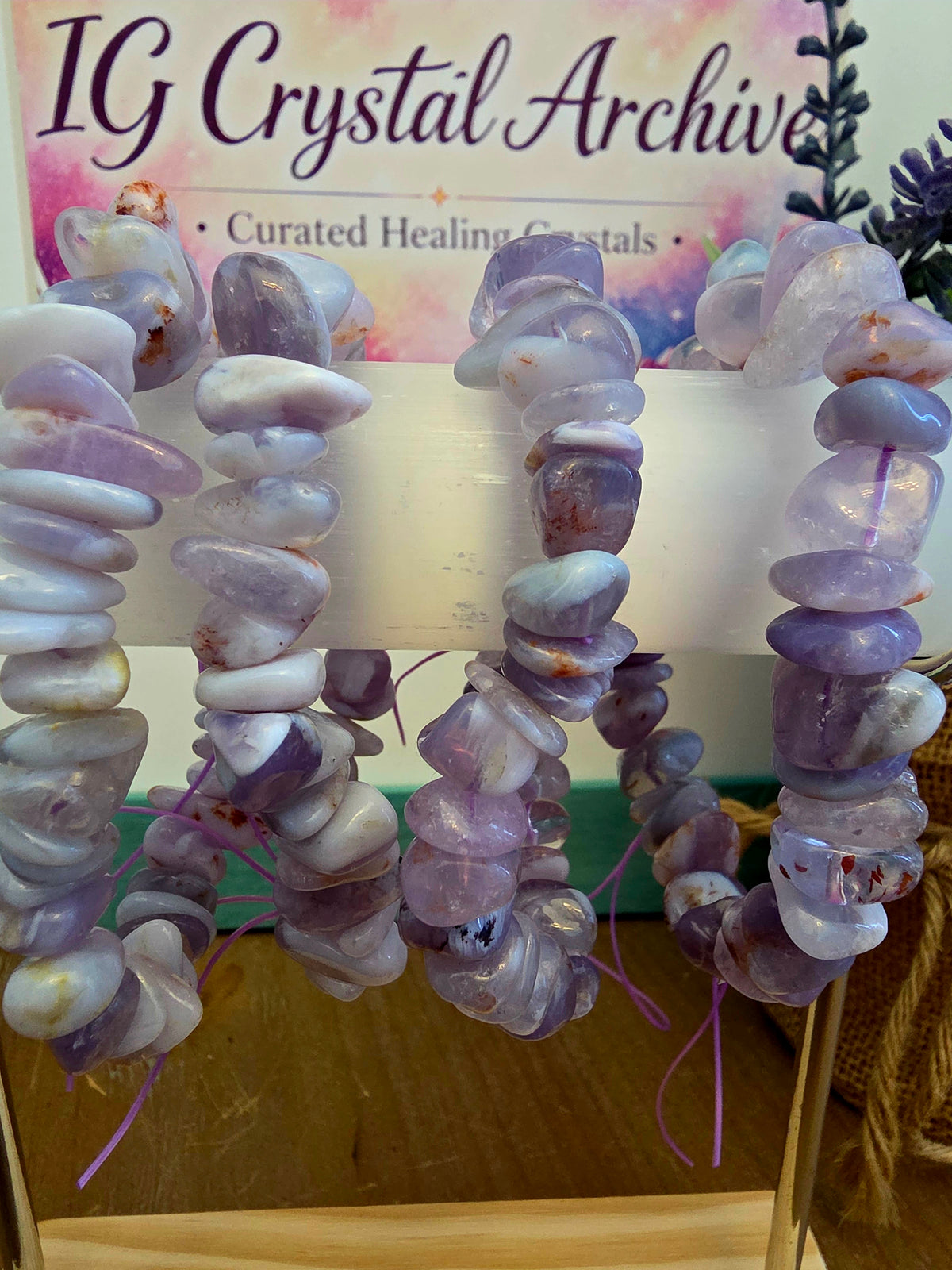 Lavender Crystal Chip Bracelet | Purple & White Natural Stone Stretch Bracelet | Polished Gemstone Jewelry | IG Crystal Archive