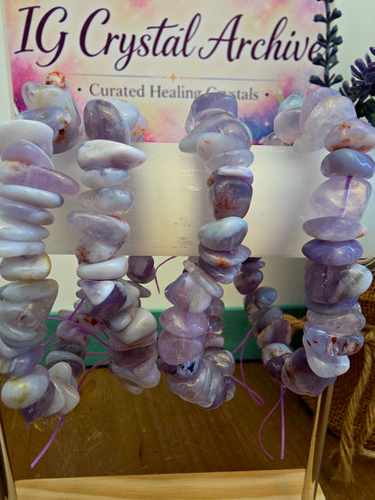 Lavender Crystal Chip Bracelet | Purple & White Natural Stone Stretch Bracelet | Polished Gemstone Jewelry | IG Crystal Archive