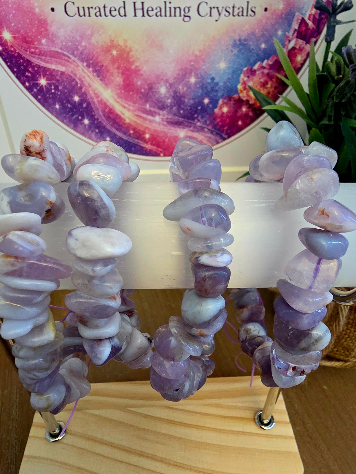 Lavender Crystal Chip Bracelet | Purple & White Natural Stone Stretch Bracelet | Polished Gemstone Jewelry | IG Crystal Archive