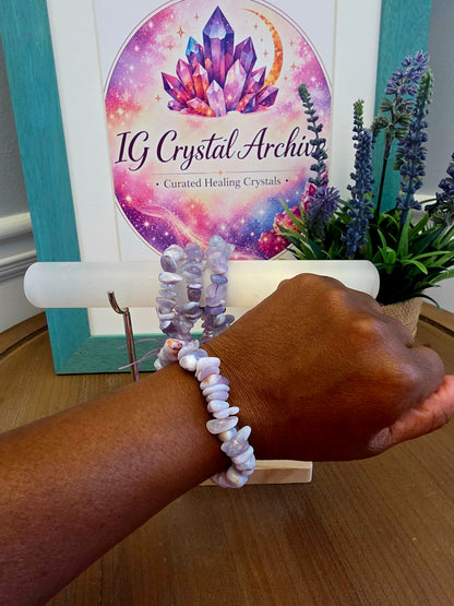 Lavender Crystal Chip Bracelet | Purple & White Natural Stone Stretch Bracelet | Polished Gemstone Jewelry | IG Crystal Archive