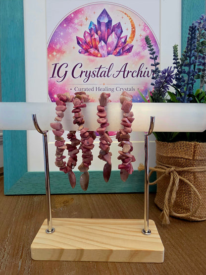 Natural Rhodonite Chip Bracelet with Pink Crystal Heart Charm | Genuine Stone Stretch Bracelet | Pink Gemstone Jewelry