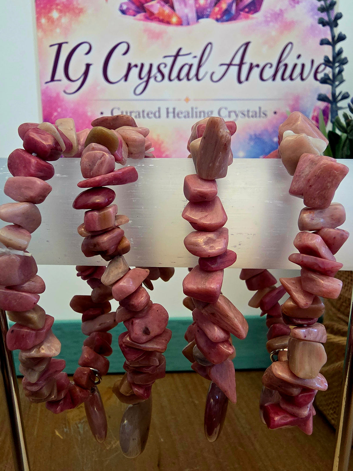 Natural Rhodonite Chip Bracelet with Pink Crystal Heart Charm | Genuine Stone Stretch Bracelet | Pink Gemstone Jewelry
