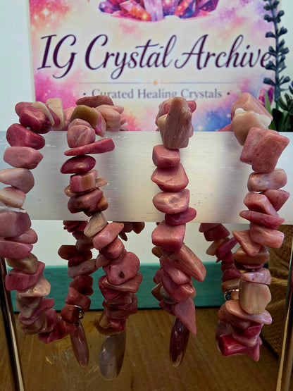 Natural Rhodonite Chip Bracelet with Pink Crystal Heart Charm | Genuine Stone Stretch Bracelet | Pink Gemstone Jewelry