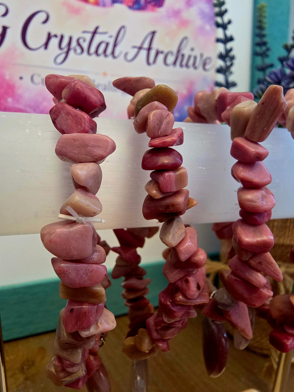 Natural Rhodonite Chip Bracelet with Pink Crystal Heart Charm | Genuine Stone Stretch Bracelet | Pink Gemstone Jewelry
