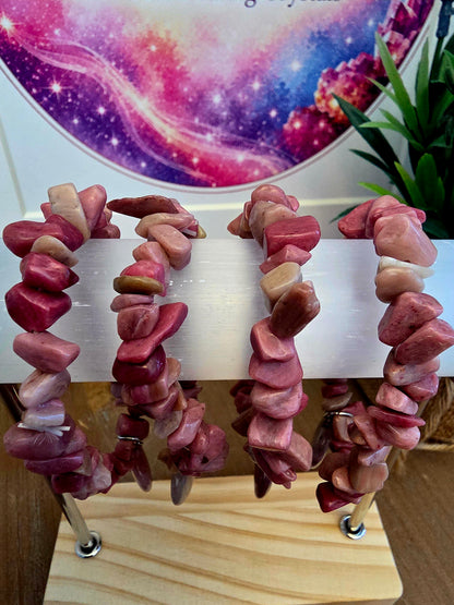 Natural Rhodonite Chip Bracelet with Pink Crystal Heart Charm | Genuine Stone Stretch Bracelet | Pink Gemstone Jewelry