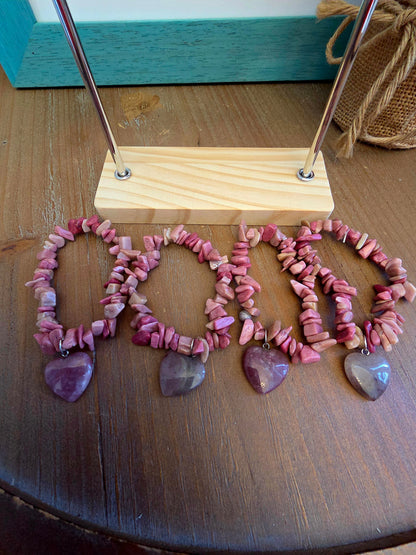 Natural Rhodonite Chip Bracelet with Pink Crystal Heart Charm | Genuine Stone Stretch Bracelet | Pink Gemstone Jewelry