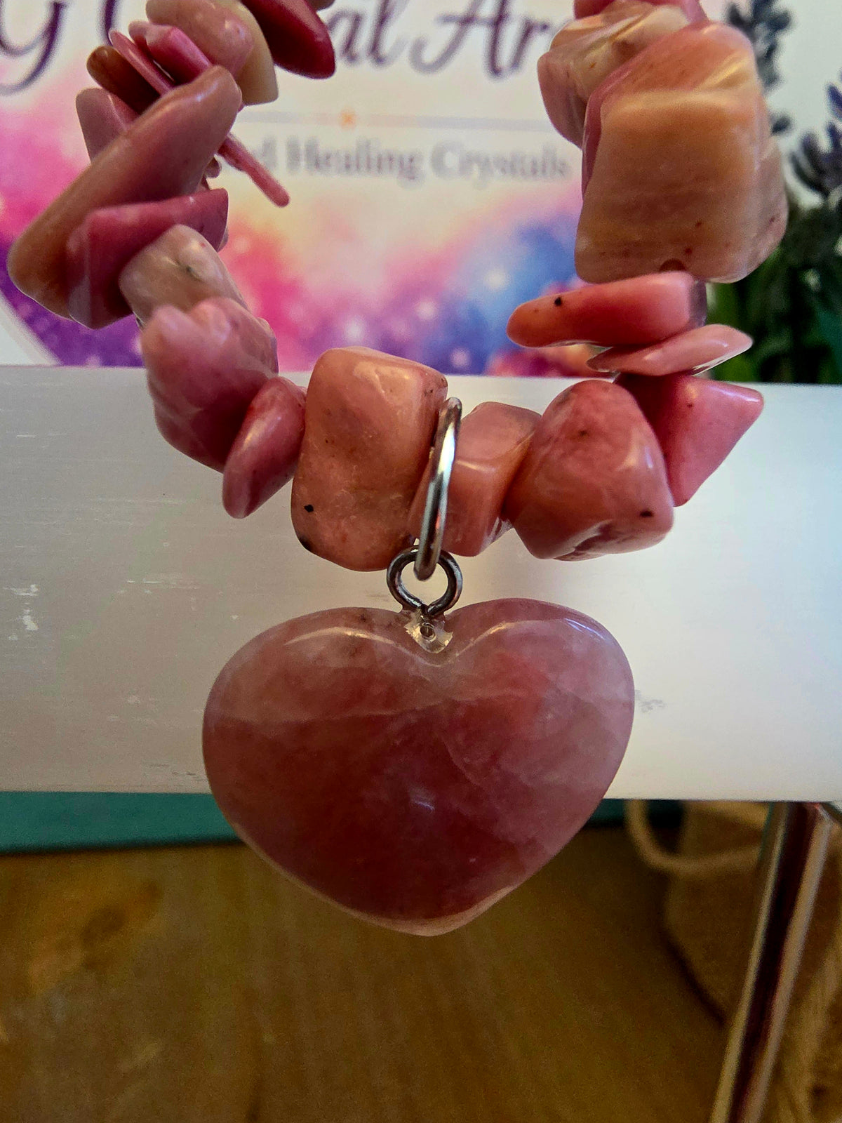 Natural Rhodonite Chip Bracelet with Pink Crystal Heart Charm | Genuine Stone Stretch Bracelet | Pink Gemstone Jewelry