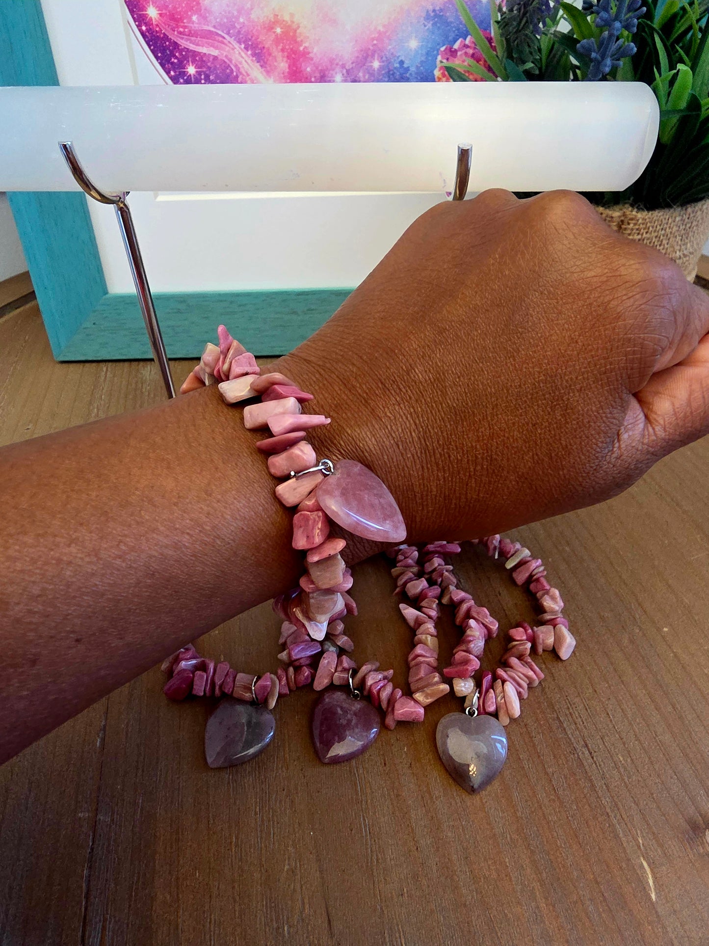 Natural Rhodonite Chip Bracelet with Pink Crystal Heart Charm | Genuine Stone Stretch Bracelet | Pink Gemstone Jewelry
