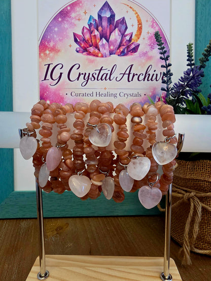 Peach Moonstone Chip Bracelet with Rose Quartz Heart Charm | Natural Pink Peach Gemstone Stretch Bracelet | Crystal Jewelry