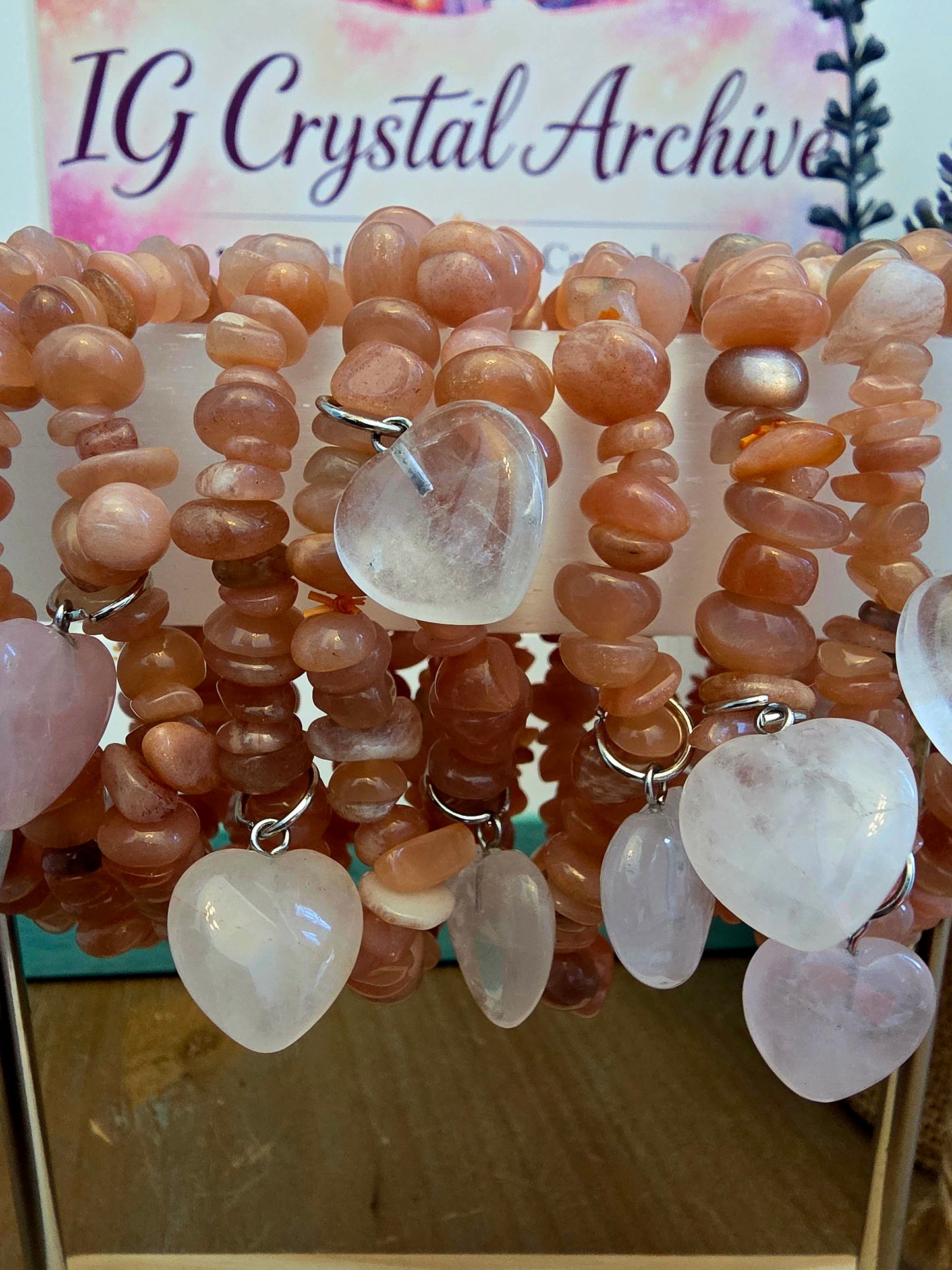 Peach Moonstone Chip Bracelet with Rose Quartz Heart Charm | Natural Pink Peach Gemstone Stretch Bracelet | Crystal Jewelry