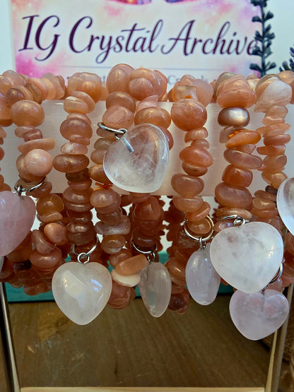 Peach Moonstone Chip Bracelet with Rose Quartz Heart Charm | Natural Pink Peach Gemstone Stretch Bracelet | Crystal Jewelry
