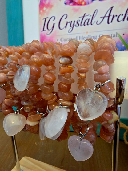 Peach Moonstone Chip Bracelet with Rose Quartz Heart Charm | Natural Pink Peach Gemstone Stretch Bracelet | Crystal Jewelry