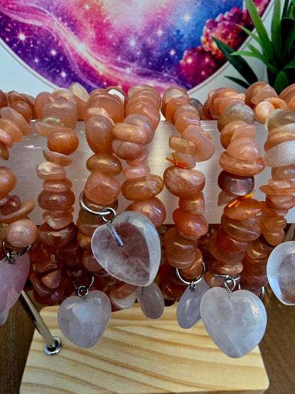 Peach Moonstone Chip Bracelet with Rose Quartz Heart Charm | Natural Pink Peach Gemstone Stretch Bracelet | Crystal Jewelry