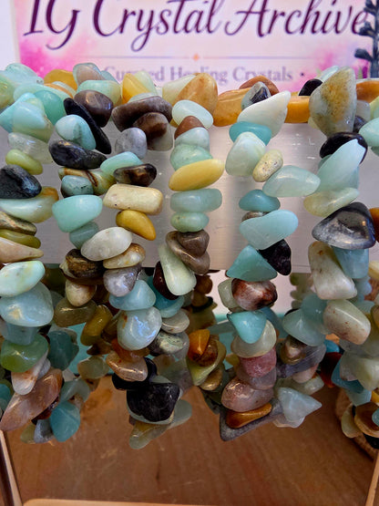 Natural Amazonite Chip Bracelet | Multicolor Blue Green Gemstone Stretch Bracelet | Boho Stone Jewelry