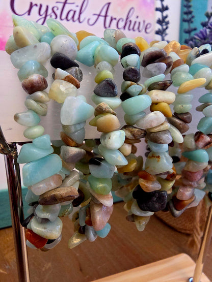 Natural Amazonite Chip Bracelet | Multicolor Blue Green Gemstone Stretch Bracelet | Boho Stone Jewelry