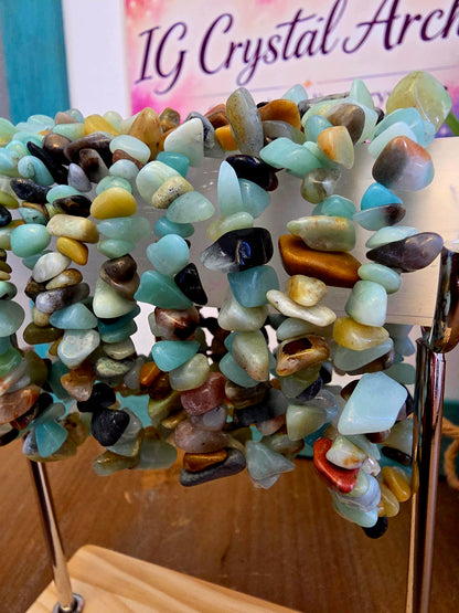 Natural Amazonite Chip Bracelet | Multicolor Blue Green Gemstone Stretch Bracelet | Boho Stone Jewelry