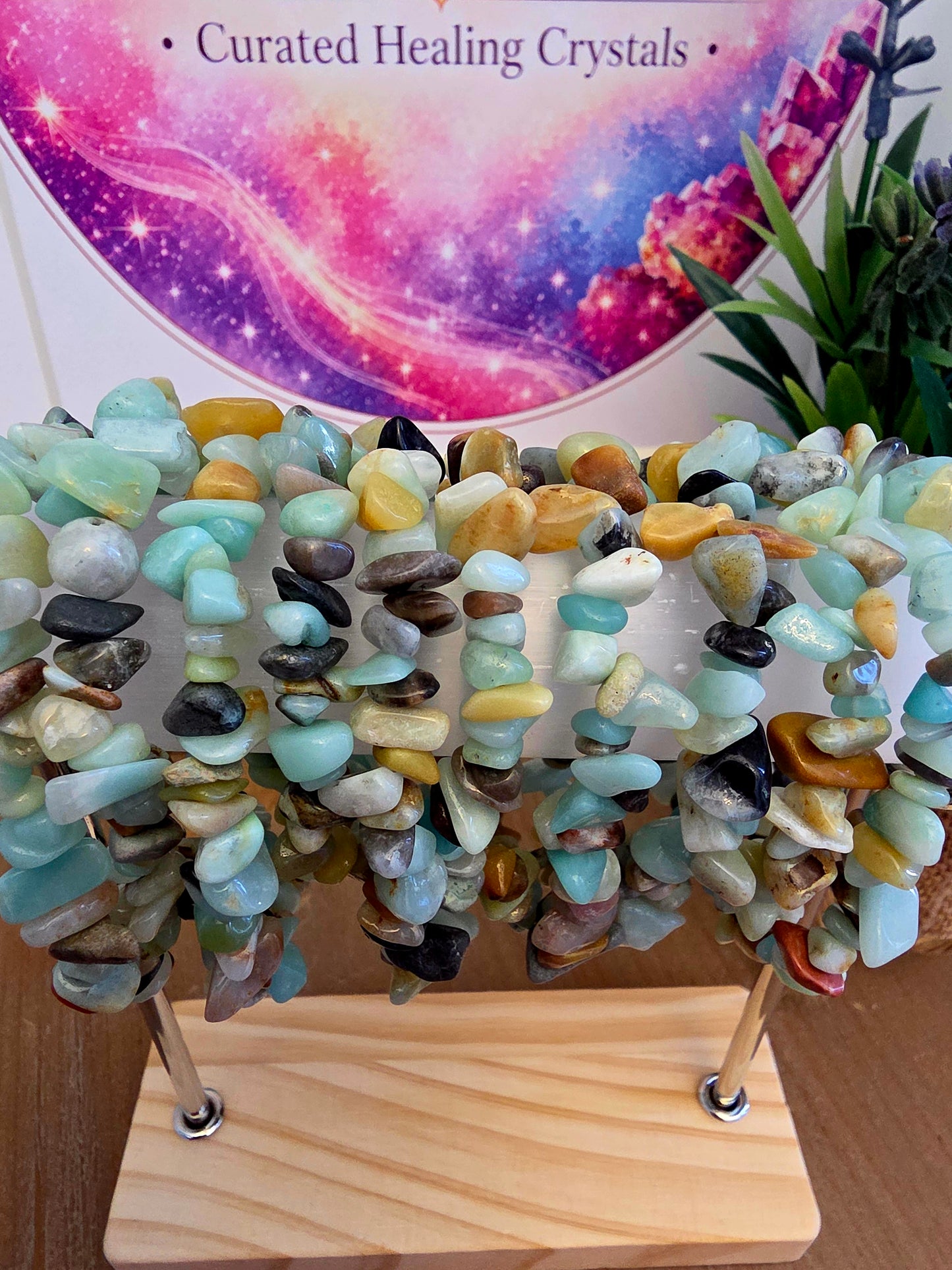 Natural Amazonite Chip Bracelet | Multicolor Blue Green Gemstone Stretch Bracelet | Boho Stone Jewelry