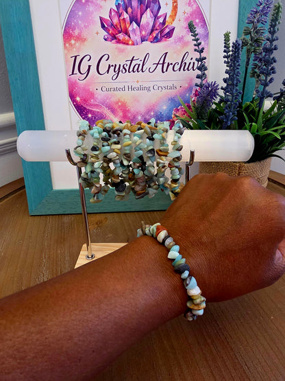 Natural Amazonite Chip Bracelet | Multicolor Blue Green Gemstone Stretch Bracelet | Boho Stone Jewelry