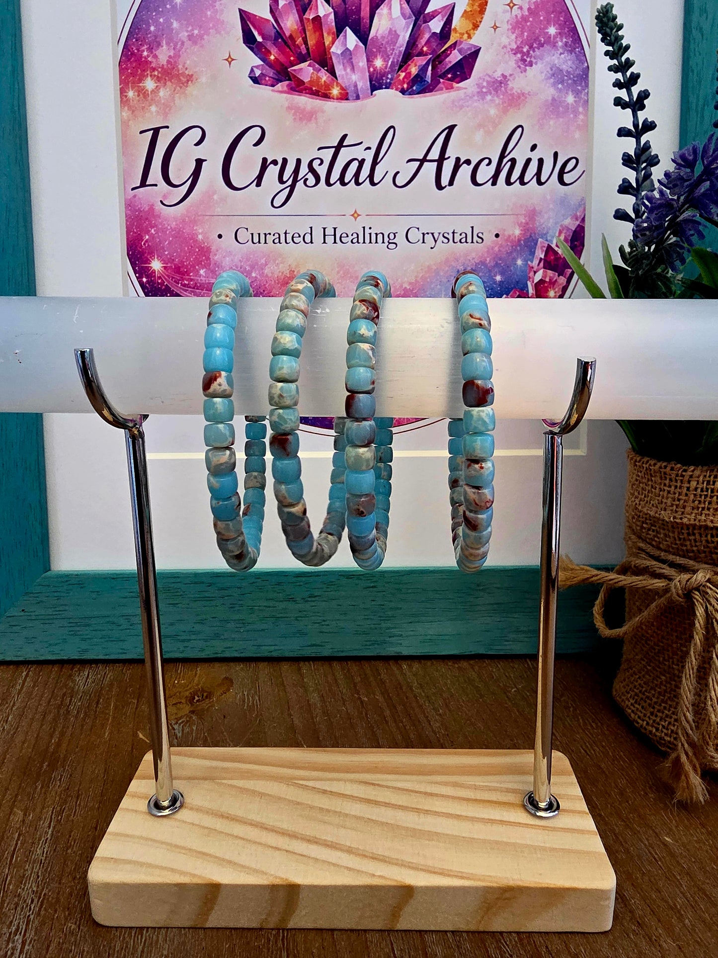 Blue & Red Natural Stone Barrel Bead Bracelet | Aqua Blue Gemstone Stretch Bracelet | Polished Stone Jewelry | IG Crystal Archive