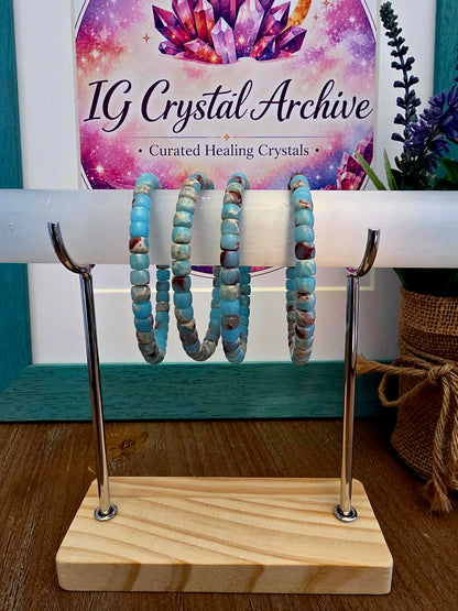 Blue & Red Natural Stone Barrel Bead Bracelet | Aqua Blue Gemstone Stretch Bracelet | Polished Stone Jewelry | IG Crystal Archive