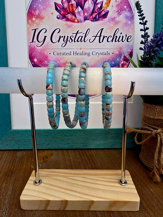 Blue & Red Natural Stone Barrel Bead Bracelet | Aqua Blue Gemstone Stretch Bracelet | Polished Stone Jewelry | IG Crystal Archive